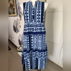 Mlle Gabriel Fit N Flare GeoPrint Tiered Midi Navy White Sz XL 10-12 Excel Cond